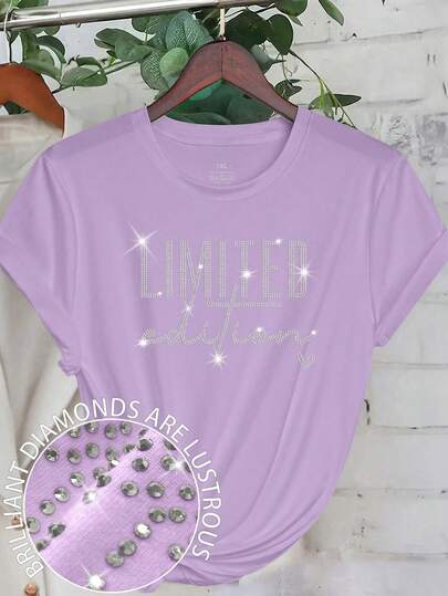 EMERY ROSE Plus Size Casual Letter LIMITED Edition T-Shirt Hot Diamond Pattern Round Neck Top Casual Graphic Tees Women Tops