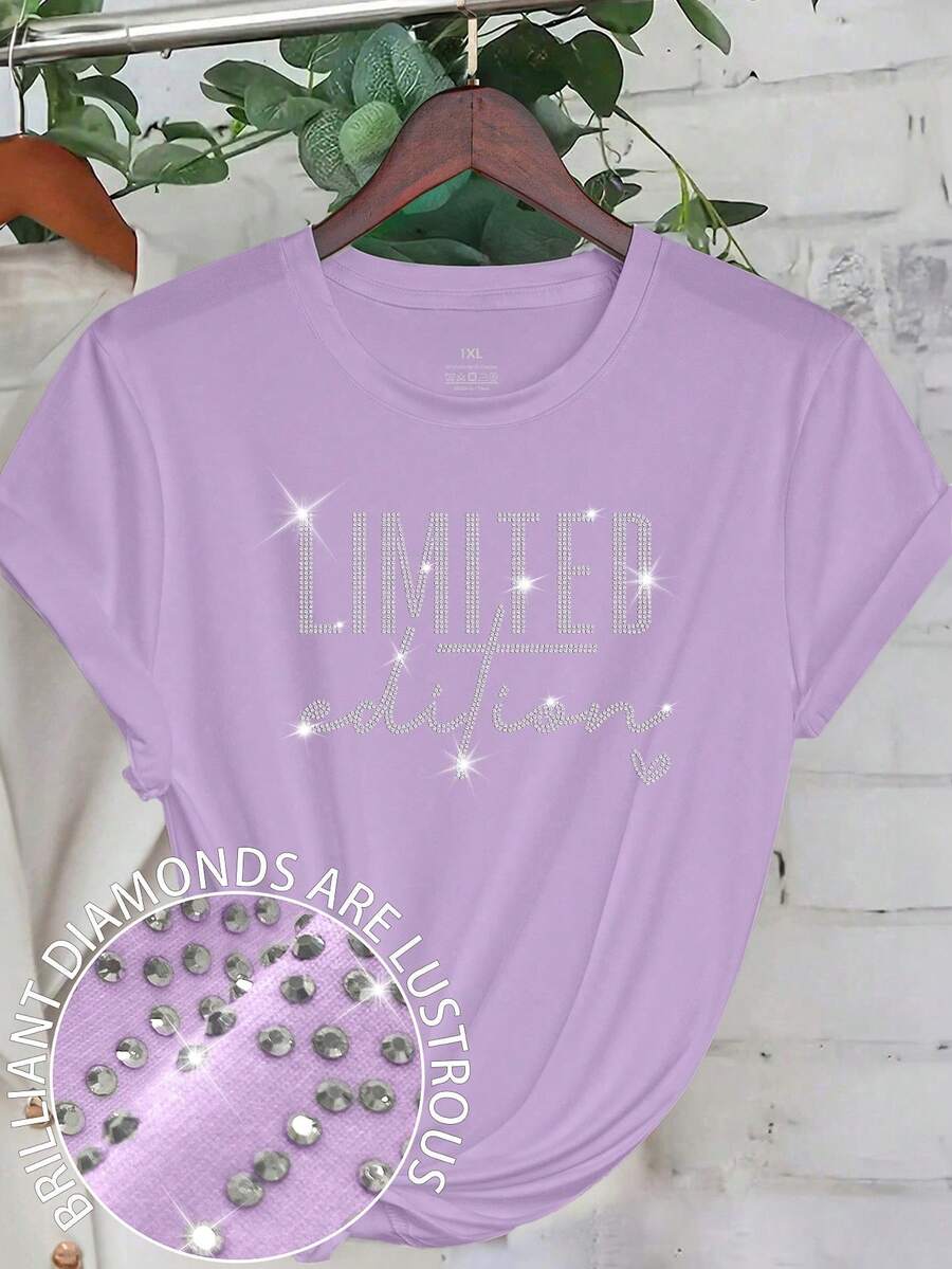 EMERY ROSE Plus Size Casual Letter LIMITED Edition T-Shirt Hot Diamond Pattern Round Neck Top Casual Graphic Tees Women Tops - Purple - View 1