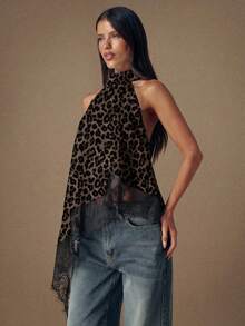 SHEIN BAE 女士露背不对称蕾丝拼接优雅浪漫复古豹纹上衣，适合外出、音乐节、嘉年华、度假、海滩、派对、婚礼、生日等场合。 - 彩色 - 查看 6