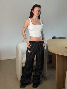Abrilcols 女式夏季基本款条纹阔腿运动裤 - 黑色 - 查看 4