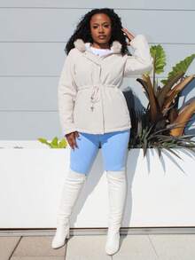 Steph T 秋冬毛绒装饰斜口袋抽绳腰带连帽派克大衣 - 杏色 - 查看 1