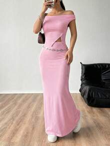 SHEIN EZwear Bộ 2 món gồm áo trễ vai màu hồng và chân váy đuôi cá dành cho nữ, thích hợp cho mùa xuân/hè. - Hồng - Xem 3