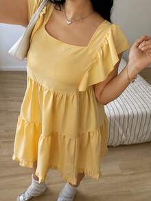 Sunnyshic Đầm babydoll dáng rộng, bèo nhún, thích hợp cho mùa xuân/hè. - Màu vàng - Xem 8