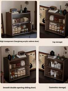 Caja de almacenamiento de cocina sin agujeros con puerta corrediza de acrílico. Estilo retro, ideal para almacenar artículos pequeños y cristalería. Perfecto para usar en el mostrador. Diseño trapezoidal, fácil de instalar - Nuez - Ver 7