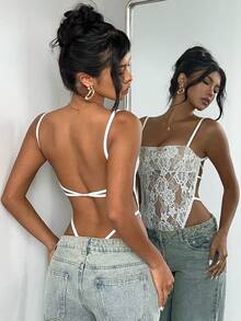 Aloruh White Lace Backless Spaghetti Strap Bodysuit, Fitted & Fashionable - White - View 2