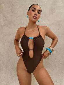 Glamine SHEIN Glamour 女士纯色镂空性感连体衣 - 棕色 - 查看 3