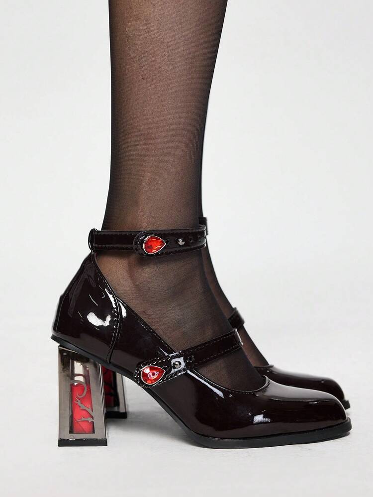 ROMWE Goth Fall/Winter Women Minimalist Mary Jane Pumps, Chunky Heeled Fashion Pumps, Elegant, Party - Burgundy - View 1