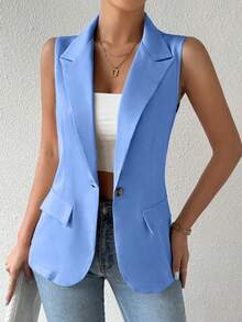 EMERY ROSE Stylish Regular Length Sleeveless Plain Baby Blue Blazer Vest For Women - Baby Blue - View 6