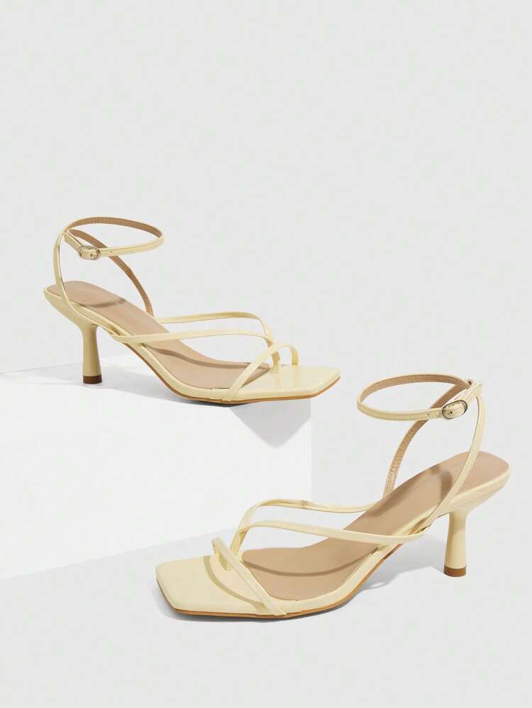 CUCCOO SZL Women's Shiny Satin Square Toe High Heel Sandals With Rhinestone Decor, Fashionable And Elegant For Party