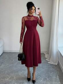 Modelyn Women's Elegant French Style Lace Patchwork Midi Dress, Suitable For Party And Gathering - Burgundy - View 4