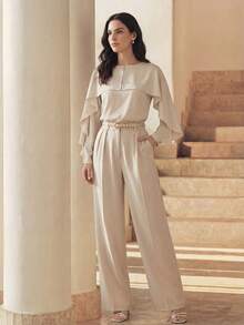 Anewsta 女士休闲百搭荷叶边装饰套头衫，现代优雅简约OL衬衫 - 米色 - 查看 1