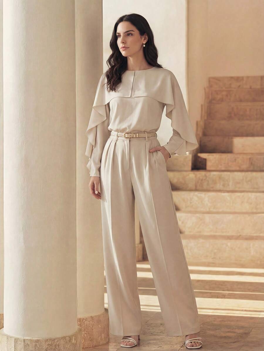 Anewsta 女士休闲百搭荷叶边装饰套头衫，现代优雅简约OL衬衫 - 米色 - 查看 1