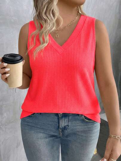 EMERY ROSE Women's V-Neck Casual Versatile Plus Size Tank Top, Spring/Summer