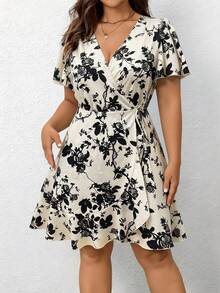 Breezaya Damen elegantes, lässiges Kleid mit Blume Muster, Kurzarm, V-Ausschnitt, Bindung in der Taille, Rüschensaum - Aprikosenfarben - Übersicht 4