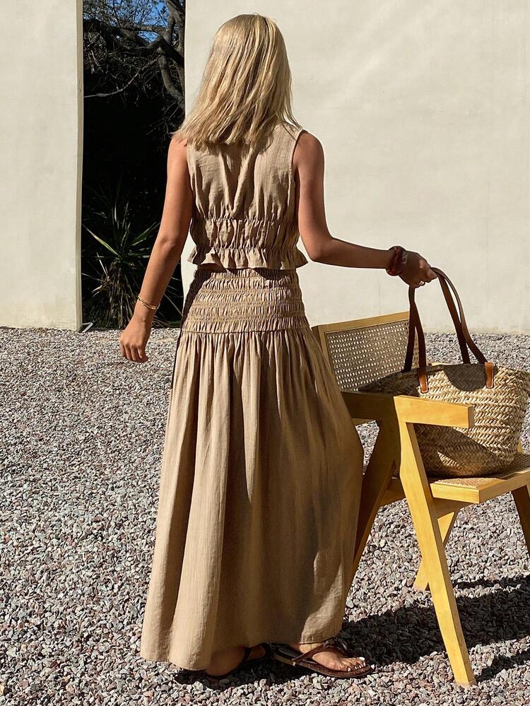 Sleeveless V-Neck Solid Color Top And Long Skirt 2-Piece Set For Women Summer