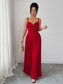 Elenzga Elegant Urban Chic New Women's Burgundy Heart Neck Sleeveless Pleated Slim Ankle-Length Jumpsuit, Suitable For Daily Wear, Weddings, Galas, Commuting, Graduation Parties, Holidays, Dates, Parties, Halloween, Christmas, New Year, Thanksgiving, Weddings - Red - View 7