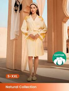 LUVLETTE Áo ngủ nữ mềm mại 100% cotton nguyên chất, sang trọng, viền ren, buộc dây phía trước, thoáng khí, thích hợp mặc ở nhà. - Màu vàng - Xem 1