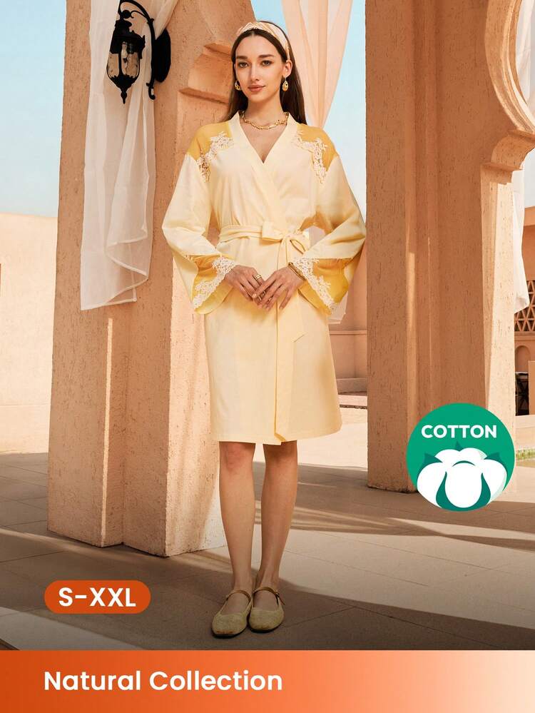 Femmes Robe de chambre de Loungewear Pyjama Lingerie avec Nœud Devant en Pur Coton Doux 100% et Garniture en Dentelle de Luxe