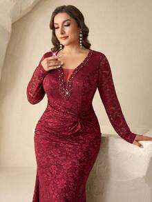 Coutiva Vestido de noche elegante y entallado con cuentas, talla grande - Burdeos - Ver 5