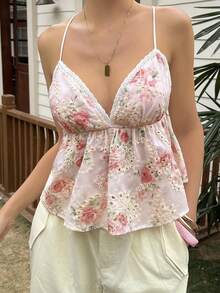 DAZY 吊带蕾丝碎花夏季度假粉色女士背心 - 粉色 - 查看 4