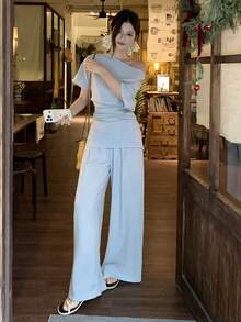 DAZY 女士莱赛尔亚麻纹理轻盈两件套，优雅露肩装 - 藍色 - 查看 8