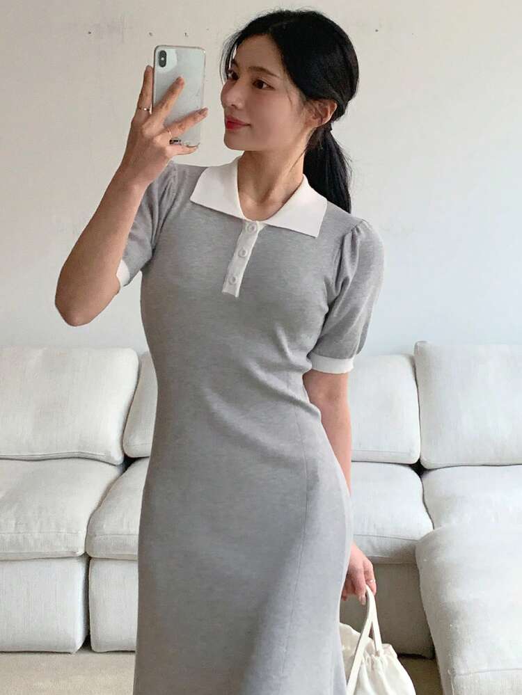 Women's Collared Bodycon Patchwork Colorblock Waist Cinched Elegant Mid-Length Sweater Dress Maxi Dress