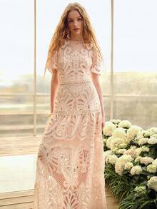 MOTF PREMIUM 女士刺绣圆领收腰A字连衣裙，春夏款 - 藕粉色 - 查看 7