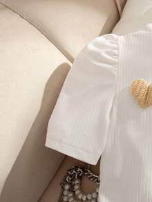 Elladie kids 2pcs/Set Girls Autumn New 2025 Round Neck Ribbed Puff Sleeve T-Shirt With Red Heart Print & Matching Bowknot Hem Skirt, Versatile Outfit For Dates, Parties, Commute - Khaki - View 8