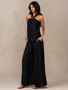 SHEIN BAE 黑色亚麻质感褶皱金属装饰吊带上衣搭配松紧腰阔腿裤套装，适合夏季、度假、意大利之旅、法国南部之旅，优雅套装，裤装 - 黑色 - 查看 4