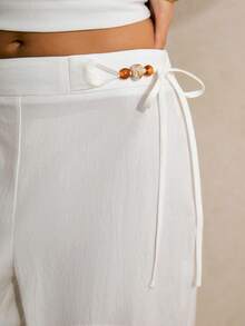 Poéselle Quần ống rộng màu trắng 100% cotton, quần hè cạp cao, kiểu dáng suông thoải mái, thanh lịch dành cho nữ, quần trắng trơn cạp chun thoải mái phù hợp mặc hàng ngày, quần kiểu Pháp, quần đi biển trắng mới năm 2026, quần trắng nữ, quần ống rộng trắng, quần trắng nữ, quần vải lanh trắng. - trắng - Xem 4