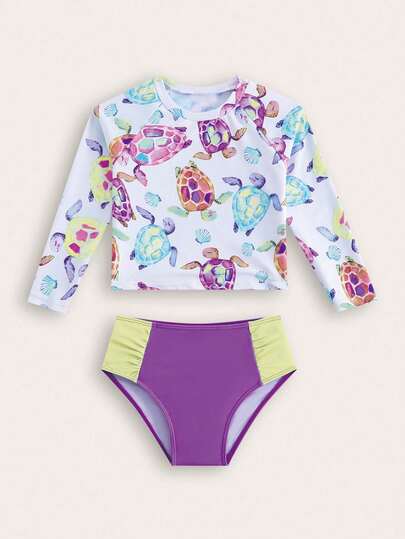 SHEIN Young Girls Turtle Print Long Sleeve Top And Contrast Color Triangle Swim Bottom Swimwear Set