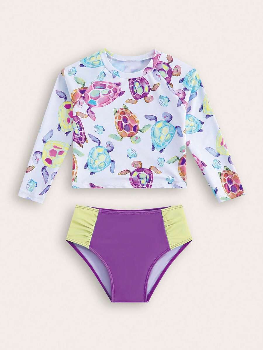 SHEIN Young Girls Turtle Print Long Sleeve Top And Contrast Color Triangle Swim Bottom Swimwear Set - Purple - View 1
