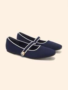 CUCCOO BASICS Women's Fashion Navy Blue Fabric Square Toe Mary Jane Shoes, Accented With White Trim And Pearl Decor, Minimalist Elegant Design Suitable For Commuting, Dating, Parties And More Occasions - dark blue - View 2