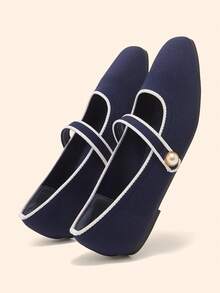 CUCCOO BASICS Women's Fashion Navy Blue Fabric Square Toe Mary Jane Shoes, Accented With White Trim And Pearl Decor, Minimalist Elegant Design Suitable For Commuting, Dating, Parties And More Occasions - dark blue - View 5