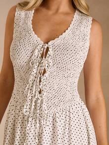 Enchnt 女士前系带无袖波点连衣裙，优雅收腰设计 - 白色 - 查看 2