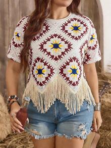 SHEIN LUNE Große Größen Rundhals Kurzarm Vintage Farbblock T-Shirt mit Quasten, Sommer - Gelb - Übersicht 4