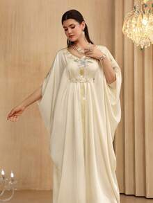 Al Najma Elegant Beige Beaded & Rhinestone Embellished Bat Wing Dress, Spring/Summer - Apricot - View 5