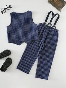 SHEIN 两件套男童休闲格子背心和裤子绅士西装套装 - 藍色 - 查看 2