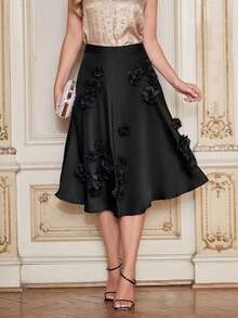 Amorya 女士纯色3D立体花卉装饰简约设计优雅半身裙，春夏度假妇女节优雅职场装，妈妈节礼物，节日海滩约会之夜 - 黑色 - 查看 3