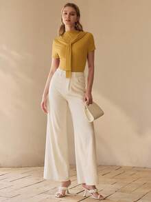 MOTF PREMIUM 女士休闲罗纹针织扭结前襟短袖修身T恤，纯色，适合日常通勤，夏季穿着 - 黃色 - 查看 5