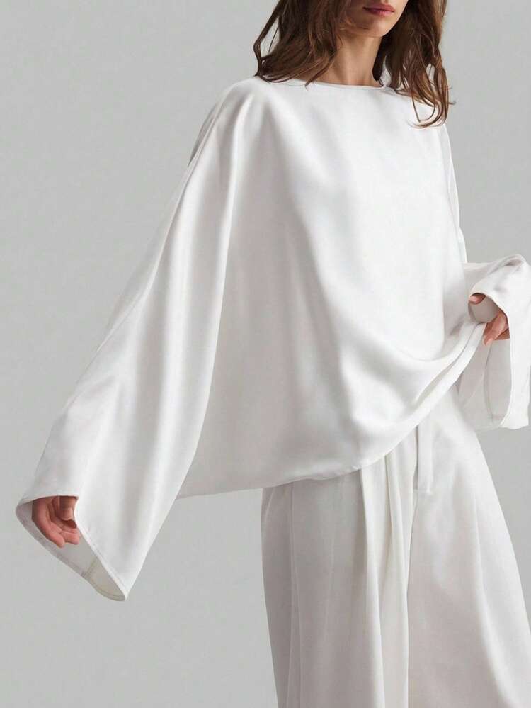 2026SS Women's Satin Oversized One-Shoulder Minimalist Elegant Business Casual Top, Boat Neck Long Sleeve Ladies Blouse For Urban Commute, Business, Casual, Vacation, Wedding Guest, Party, Holiday, Beach, Office Wear