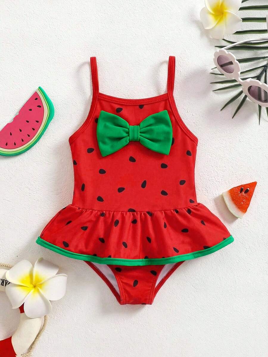 SHEIN 女婴无袖蝴蝶装饰荷叶边连体泳衣，夏季 - 紅色 - 查看 1