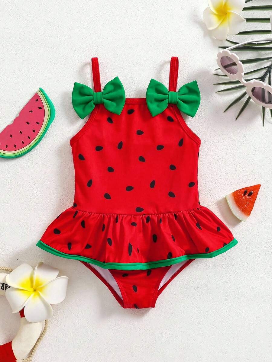 SHEIN Toddler Girls Sleeveless Fruit Pattern Swimwear With Ruffle Details Adorable Watermelon Print One-Piece Bathing Suit - Multicolor - View 1