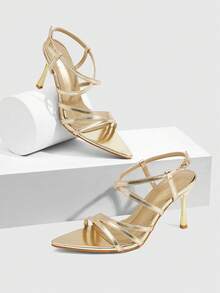 CUCCOO SZL Damen Spitze Zehen Schnallen Design Mode High Heel Sandalen für den täglichen Gebrauch - Gold - Übersicht 2