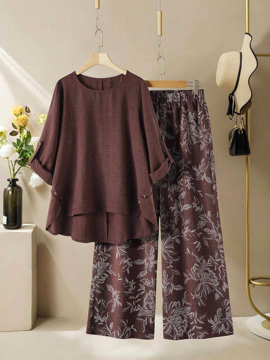 Lacomfia Women's Round Neck Long Sleeve Loose Wide Leg Printed Casual Comfortable Plus Size 2 Pieces Set - Multicolor - View 1