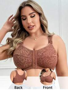 1pc Elegant & Comfortable Lace Patchwork Front Closure Plus Size Bra, Adjustable Shoulder Straps - Brown - View 6