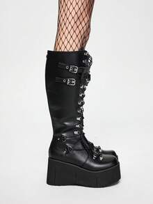 ROMWE Grunge Punk 女款时尚2025新款万圣节冬季厚底坡跟方头后拉链毛绒轻便防滑系带时尚增高作战靴 - 黑色 - 查看 6