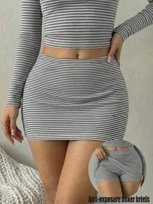 SHEIN SXY 大码条纹修身低腰休闲百搭半身裙 - 黑與白 - 查看 5