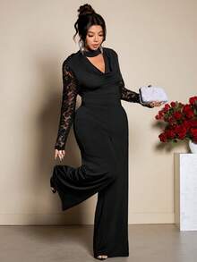 Cravure بدلة نسائية أنيقة بأكمام طويلة مصنوعة من الدانتيل والتريكو باللون الأسود، مع ياقة متدلية وظهر مفتوح للمقاسات الكبيرة - الأسود - مشاهدة 5