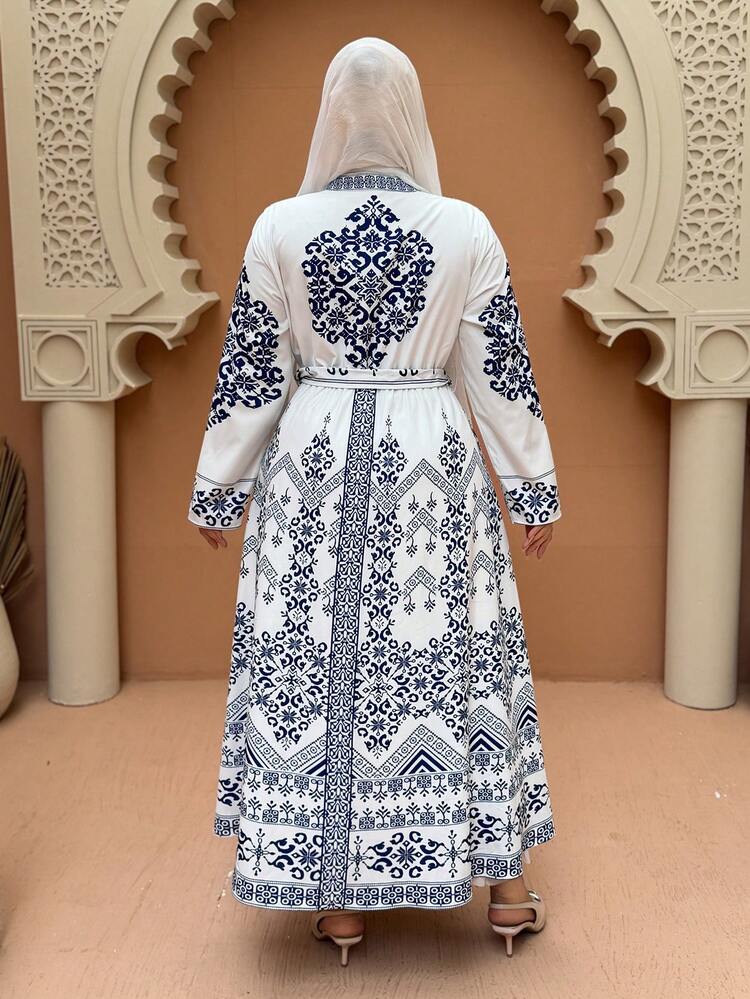 Dazy Plus Floral Retro Print Tie Waist Dress, Elegant Plus Size Women Spring/Summer Sundress Boho Vacation Outfits Women